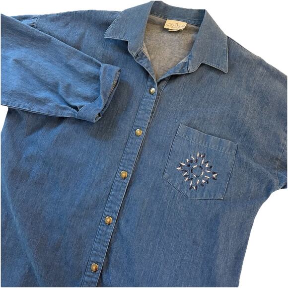 Park Place Fashions Denim Button Down Woman's Shirt Large USA Starburst Pocket - Picture 1 of 14